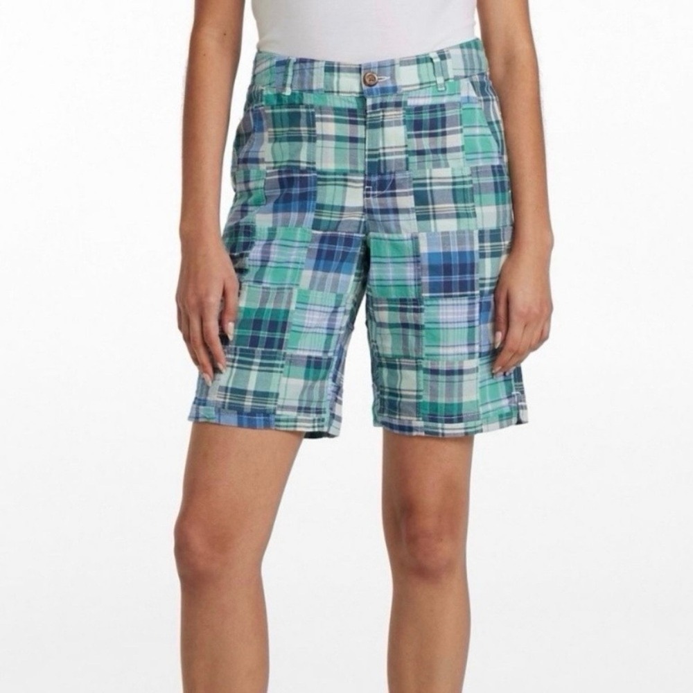 LL Bean‎ Green Blue PlaidMadras PatchworkFavorite FitBermuda Shorts Size 20W